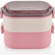 Store 2 Katlı Taşınabilir Yemek Kabı, Lunch Box, Diyet Beslenme Kutusu, Çatal Kaşık Dahil, 11.5 x 21 x 11.5 cm (Pembe-Krem)
