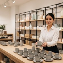 Store 2'li Set Çizgili Seramik Fincan Takımı | Mat Kahverengi Beyaz Rustik Espresso & Türk Kahvesi Fincanı | Çift Kişilik Kulplu Servis Seti | Modern Ev ve Kafe Stili