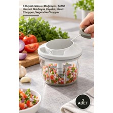 Yenilig 3 Adet Ipli El Rondosu – 3 Bıçaklı Manuel Doğrayıcı, Şeffaf Hazneli Gri-Beyaz Kapaklı, Hand Chopper, Vegetable Chopper