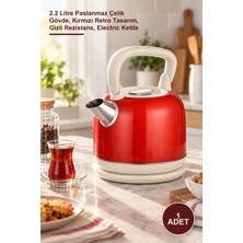 Yenilig 1 Adet Demlik Kettle Su Isıtıcı – 2.2 Litre Paslanmaz Çelik Gövde, Kırmızı Retro Tasarım, Gizli Rezistans, Electric Kettle