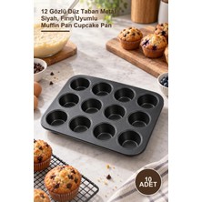 Yenilig 10 Adet Muffin Kek Kalıbı – 12 Gözlü Düz Taban Metal Siyah, Fırın Uyumlu Muffin Pan Cupcake Pan