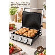 Yenilig 2 Adet Izgara ve Tost Makinesi – 4 Dilim Kapasiteli, 2000 W Güç, Yapışmaz Döküm Plakalar, Inox Gövde, 180° Açılabilir Grill Toster