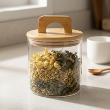 Store Bambu Kapaklı Yuvarlak Borosilikat Cam Kavanoz 550 Ml, 10 cm Çap × 10 cm Yükseklik, Contalı Tutma Kulplu Şeffaf Erzak Kabı, Kahve Çay Baharat Kuruyemiş Bakliyat ve Kuru Gıda Saklama Kabı
