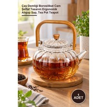 Yenilig 1 Adet Ahşap Saplı Cam Çizgili Demlik – Çay Demliği Borosilikat Cam Şeffaf Tasarım Ergonomik Ahşap Sap, Tea Pot Teapot