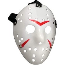 Store Beyaz Renk Kırmızı Çizgili Tam Yüz Hokey Jason Maskesi Hannibal Maskesi