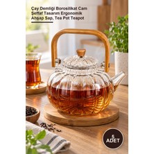 Yenilig 5 Adet Ahşap Saplı Cam Çizgili Demlik – Çay Demliği Borosilikat Cam Şeffaf Tasarım Ergonomik Ahşap Sap, Tea Pot Teapot