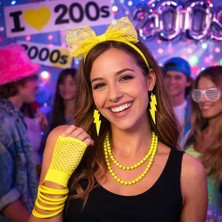 Store 80’ler 90’lar Neon Sarı Parti Seti – Kolye Küpe Taç