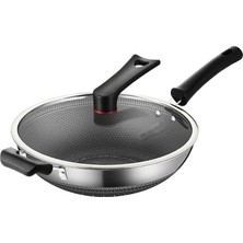 Wok Tava Karbon Çelik, Kapaklı Wok Tava, Yapışmaz, Paslanmaz Çelik Wok Tavası, Indüksiyon, Elektrik, Gaz, Halojen Tüm Ocaklar Için (34 Cm) (32 Cm)