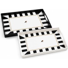 Store 2'li Servis Tepsisi Seti - 38 x 28 x 3,5 cm Büyük Boy Sunum Tepsisi - Siyah Beyaz Çizgili Desen - Kulplu Plastik Kahvaltı Çay Kahve Ikram Seti - Mutfak Salon Balkon ve Davet Kullanımı