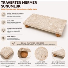 Store Traverten Mermer Sunumluk Ahşap Ayaklı Doğal Taş Sunum Tabağı Yağdanlık Altlığı Kahvaltılık Standı Dekoratif Tezgah Üstü Sunum Platformu 24X12 cm