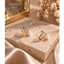 Stainless Steel Gold Renk Inci ve Zirkon Taşlı Burgulu Tasarım Çelik Küpe