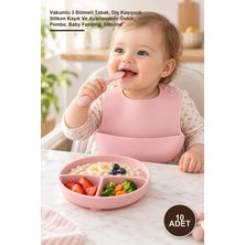 Yenilig 10 Adet Silikon Bebek Mama Seti – Vakumlu 3 Bölmeli Tabak, Diş Kaşıyıcılı Silikon Kaşık ve Ayarlanabilir Önlük; Pembe, Baby Feeding, Silicone