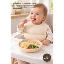 Yenilig 3 Adet Silikon Bebek Beslenme Seti – Krem Rengi 3'lü Vakumlu Tabak, Diş Kaşıyıcılı Kaşık, Ayarlanabilir Mama Önlüğü, Baby Feeding Set