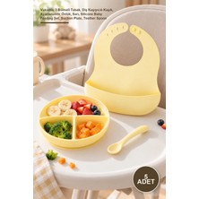 Yenilig 5 Adet 3'lü Silikon Bebek Yemek Seti – Vakumlu 3 Bölmeli Tabak, Diş Kaşıyıcılı Kaşık, Ayarlanabilir Önlük, Sarı, Silicone Baby Feeding Set, Suction Plate, Teether Spoon