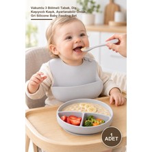 Yenilig 1 Adet Silikon Bebek Mama Seti – Vakumlu 3 Bölmeli Tabak, Diş Kaşıyıcılı Kaşık, Ayarlanabilir Önlük, Gri Silicone Baby Feeding Set