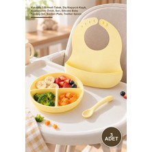 Yenilig 3 Adet 3'lü Silikon Bebek Yemek Seti – Vakumlu 3 Bölmeli Tabak, Diş Kaşıyıcılı Kaşık, Ayarlanabilir Önlük, Sarı, Silicone Baby Feeding Set, Suction Plate, Teether Spoon