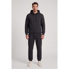 Machi Makiteks Siyah Erkek 3 Iplik Şardonlu Asimetrik Kesik Cepli Kapüşonlu Paçası Lastikli Eşofman Takımı - Sweatshirt ve Eşofman Altı Ikili Takım