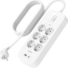 Mabelme Store Belkin 6'lı Çoklu Priz, Yüksek Gerilim Korumalı, Duvara Montaj, 6 Priz, 2 M Güç Kablosu, Yeşil Işıklı Gösterge, Hızlı Şarj Için Usb-C ve Usb-A Ba