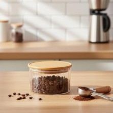 Mabelme Store Prime Linie Slim Bambu Kapaklı Borosilikat Cam Saklama Kabı - 300 ml Çizgili Vakumlu Baharatlık, Çay ve Kahve Kavanozu