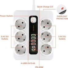 Mabelme Store HP-H04 Termal Akım Korumalı 3000W 3.6 Amper 6 Lı Priz 2 Metre Uzatma Kablosu Çoklu Priz 4 USB 2 Type C Pd Girişli Hızlı Şarj Istasyonu