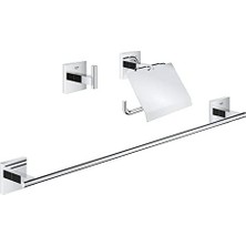 Mabelme Store Prime Start Cube Üçlü Banyo Aksesuar Seti | Uzun Havluluk (558MM), Tuvalet Kağıtlığı(Kapaklı), Bornoz Askısı | Duş/banyo Aksesuarları | Krom | 4112400