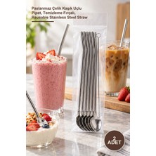 Yenilig 2 Adet Kaşıklı Metal Pipet Seti – Paslanmaz Çelik Kaşık Uçlu Pipet, Temizleme Fırçalı, Reusable Stainless Steel Straw