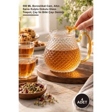 Yenilig 4 Adet Şık Tasarımlı Cam Demlik – 550 ml Borosilikat Cam, Altın Sarısı Kulplu Dokulu Glass Teapot, Çay ve Bitki Çayı Demliği