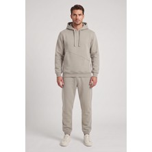 Machi Makiteks Taş Rengi Erkek 3 Iplik Şardonlu Asimetrik Kesik Cepli Kapüşonlu Paçası Lastikli Eşofman Takımı - Sweatshirt ve Eşofman Altı Ikili Takım
