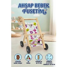 Farbu Oyuncak Doğal Ahşap Oyuncak Bebek Arabası & Puset - Sevimli Desenli Kumaş 20 Parça 69 cm Oyuncak