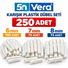5N Vera 250 Adet Plastik Dübel Seti (6mm-7mm-8mm) Yüksek Dayanıklı Duvar ve Beton Montaj Dübeli
