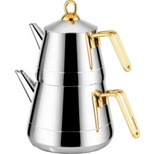 Lines Piramit Altın Metal Kulp Kendinden Süzgeçli Çelik Çaydanlık Mini Boy