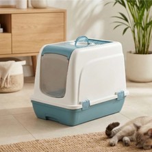 Yenilig 1 Adet Orta Boy Kapalı Çekmeceli Kedi Tuvaleti – Çekmeceli Kapaklı Litter Box, Karbon Filtreli Havalandırma, Mavi Beyaz, Plastik