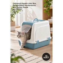 Yenilig 10 Adet Orta Boy Kapalı Çekmeceli Kedi Tuvaleti – Çekmeceli Kapaklı Litter Box, Karbon Filtreli Havalandırma, Mavi Beyaz, Plastik
