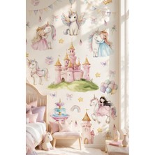 Msticker Unicorn Prenses Şato Duvar Sticker Seti 62 Parça – Kız Çocuk Odası Pastel Unicorn ve Masal Şatosu
