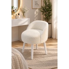 Yg Decor Lüks Bukle Makyaj Koltuğu Beyaz Ahşap Ayaklı Çok Amaçlı Tasarım Puf ve Berjer
