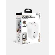 Pileli Store Tekli Yüksek Voltaj Korumalı Duvar Prizi 2x Type-C 1x USB Çıkışlı Priz Grup Priz Çoğaltıcı Beyaz
