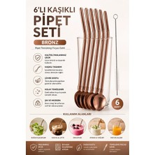 Yenilig 6'lı Kaşıklı Metal Pipet Seti Bronz Paslanmaz Çelik Yeniden Kullanılabilir Pipet Temizleme Fırçası Dahil