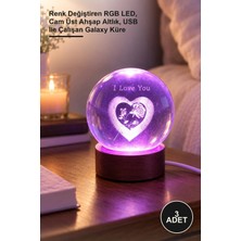 Yenilig 3 Adet I Love You Işıklı Cam Küre – Renk Değiştiren Rgb Led, Cam Üst Ahşap Altlık, USB ile Çalışan Galaxy Küre