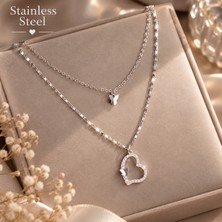Stainless Steel Gümüş Renk Çift Katmanlı Kelebek ve Kalp Zirkon Taşlı Çelik Kolye