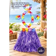 Yenilig 3 Adet Luau Aloha Hawaii Kostüm Seti – Havai Etek 40 cm Metalize, Çiçek Kolye Taç ve Bileklikler, Mor, Hawaiian Luau