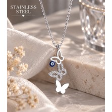 Stainless Steel Gümüş Renk Üç Kelebek Model Nazar Boncuklu Zirkon Taşlı Çelik Kolye