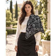 Tarzını Seç Siyah Gece Bahçesi Desenli Dantel Oya Kesim Fular / Bandana 70 x 70 cm