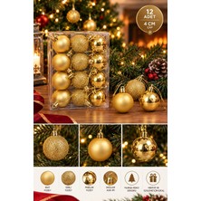 Kesene Yeni Yıla Özel 12 Parça Yılbaşı Çam Ağacı Topları Sarı Gold Renkli Noel Ağacı Süs Topları 4 cm