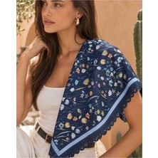 Tarzını Seç Lacivert Kır Çiçekleri Desenli Dantel Oya Kesim Fular / Bandana 70 x 70 cm