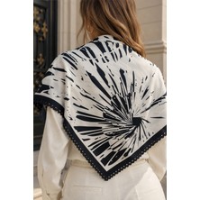 Tarzını Seç Siyah Beyaz Soyut Fırça Desenli Dantel Oya Kesim Fular / Bandana 70 x 70 cm