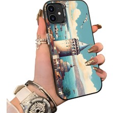 HONTINGA iPhone 12 Mini ile Uyumlu Kılıf Silikon Kenar Sert Arka Kamera Koruyucu Basitlik Anti Düşme Kamera Sevgili Çift Kılıf Galata Kulesi Desen Couple Telefon Kılıfı K1-2500