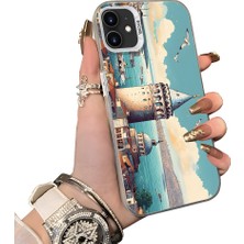 HONTINGA iPhone 12 Mini ile Uyumlu Kılıf Silikon Kenar Sert Arka Kamera Koruyucu Basitlik Anti Düşme Kamera Sevgili Çift Kılıf Galata Kulesi Desen Couple Telefon Kılıfı K1-2500