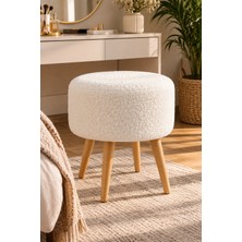 Yg Decor Bulut Bukle Kumaş Yuvarlak Puf Makyaj Masası Sandalyesi Ahşap Ayaklı Çok Amaçlı Oturma Koltuğu