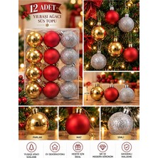 Kesene Yeni Yıla Özel 12 Parça Yılbaşı Çam Ağacı Süs Topları Sarı Kırmızı ve Gümüş Renkli noel Süs Topları