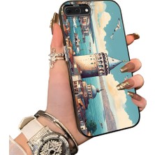 HONTINGA iPhone 8 Plus ile Uyumlu Kılıf Silikon Kenar Sert Arka Kamera Koruyucu Basitlik Anti Düşme Kamera Sevgili Çift Kılıf Galata Kulesi Desen Couple Telefon Kılıfı K1-2500